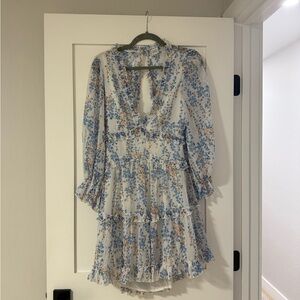 Selfie Leslie Blue and Cream Floral Long Sleeve Dress